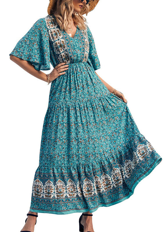 Black V Neck Print Wrinkled Cotton Dresses Summer