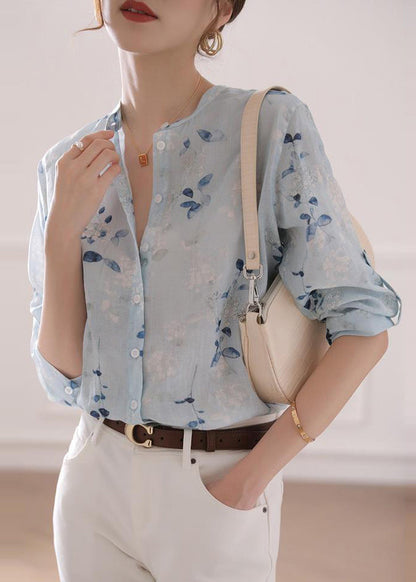 Light Blue Print Linen Top Bracelet Sleeve