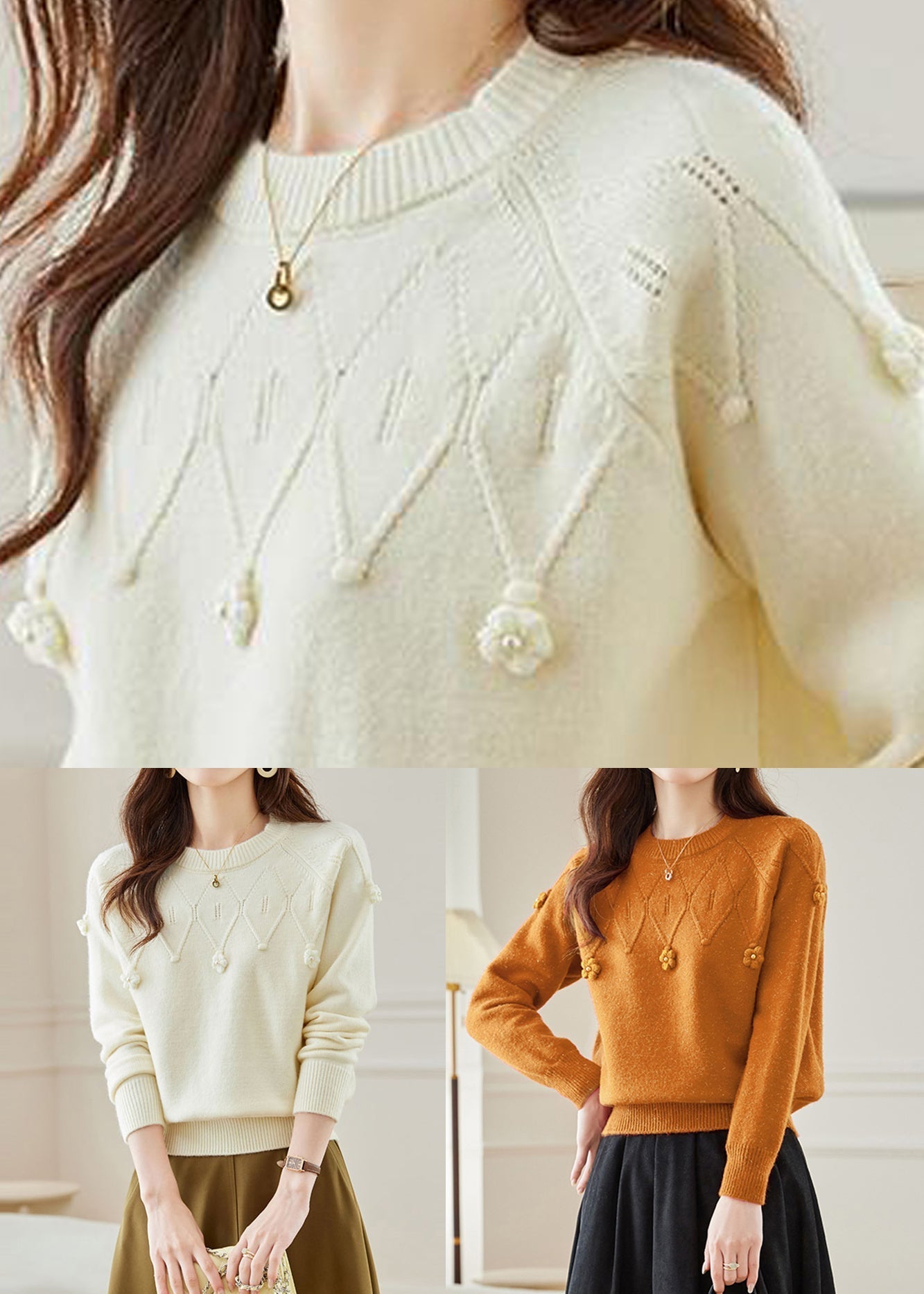 Orange Hollow Out Knit Fall Sweaters O Neck