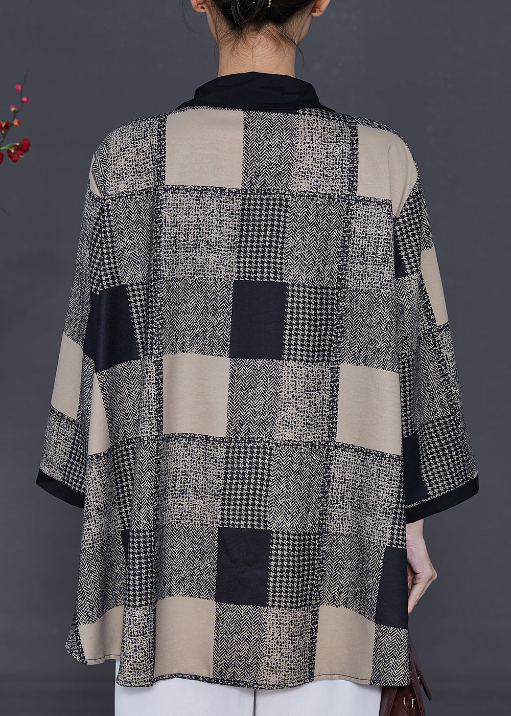 Khaki Plaid Patchwork Chiffon Shirts Spring
