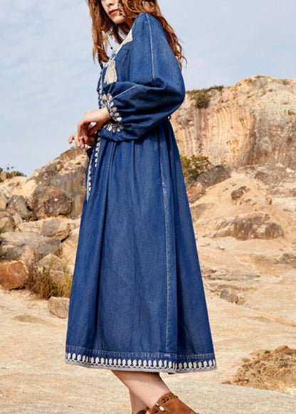 Navy V Neck Embroidered Patchwork Denim Maxi Dresses Spring