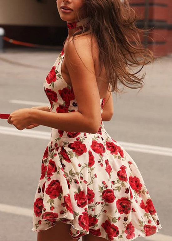 Red Backless Halter Print Cotton Mini Dresses Summer