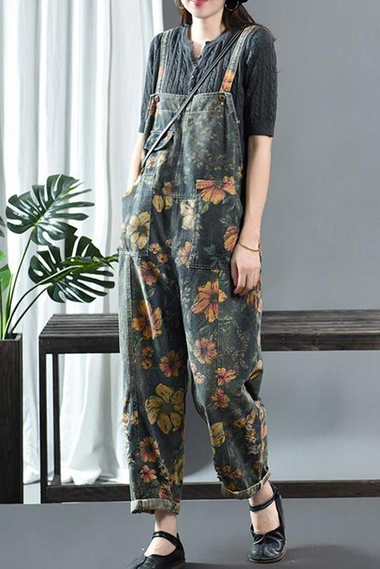 Limited Stock- Flower Print Denim Cotton Jumpsuit Dungarees