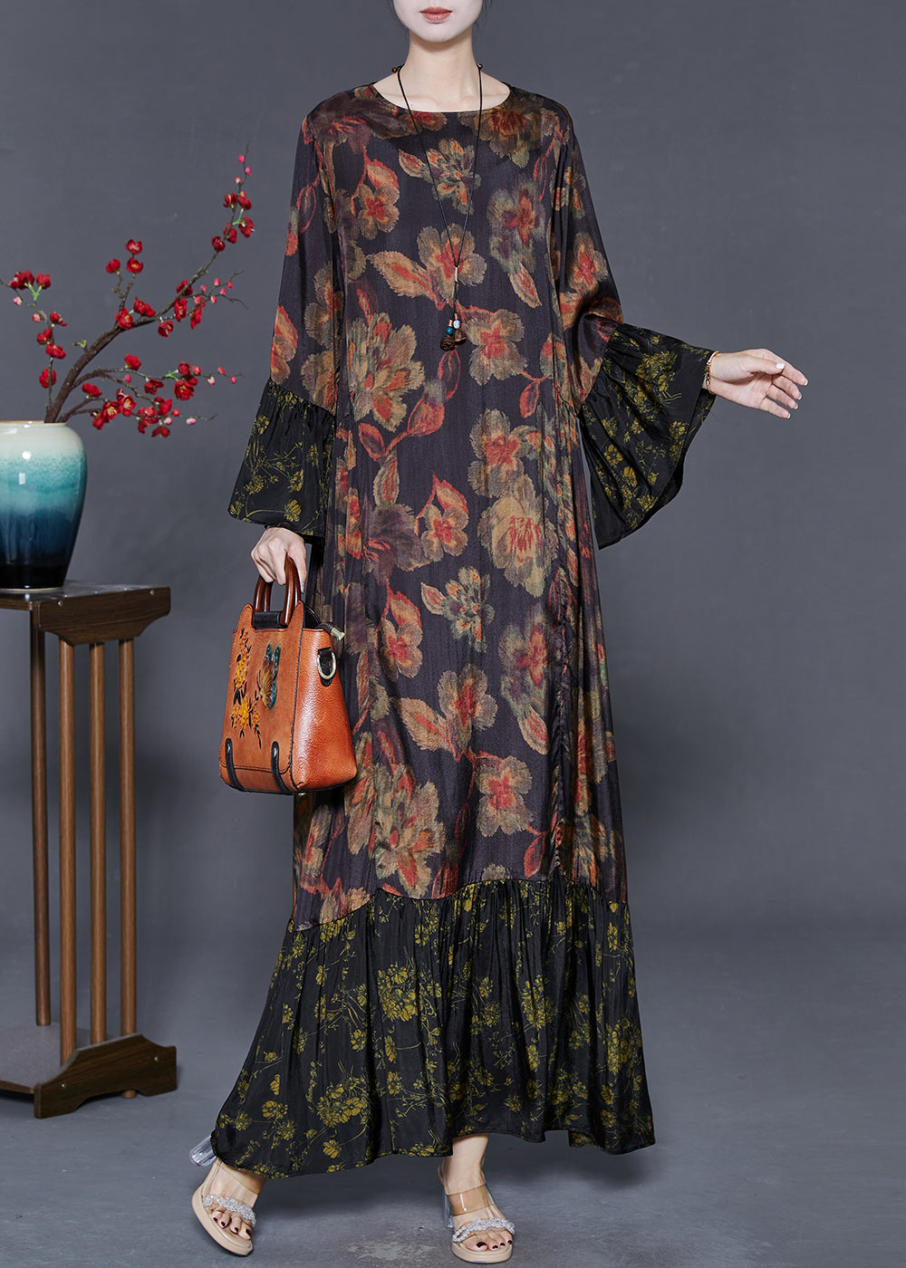 Black Oversized Patchwork Print Silk Maxi Dresses Flare Sleeve