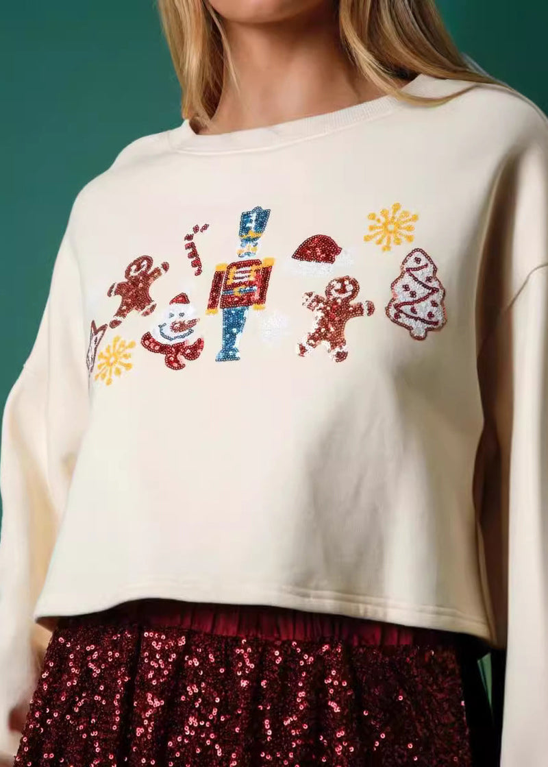 Beige O Neck Sequins Cotton Short Sweatshirt Fall