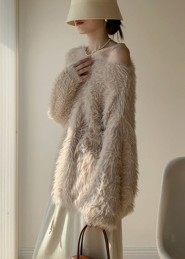 Khaki Cozy Loose Mink Velvet Winter Sweaters O-neck
