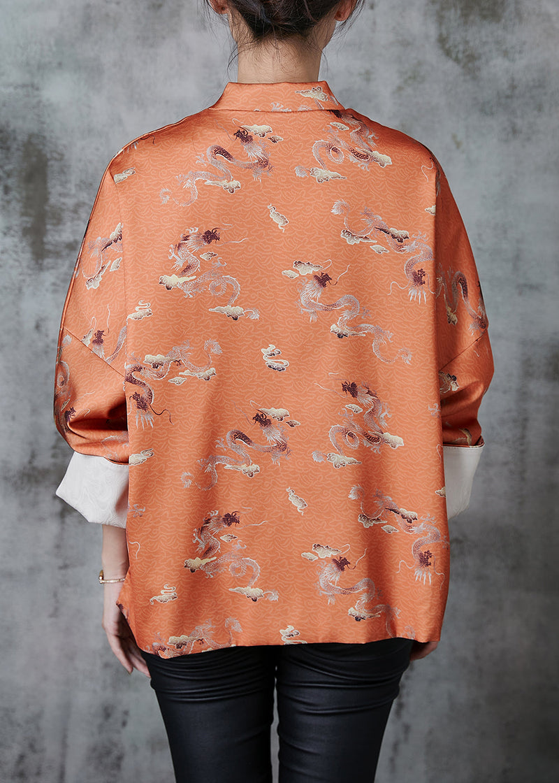 Orange Tasseled Print Side Open Silk Oriental Coats Fall