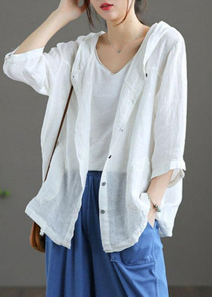 French Chocolate Linenhooded Summerpatchwork Shirt Tops