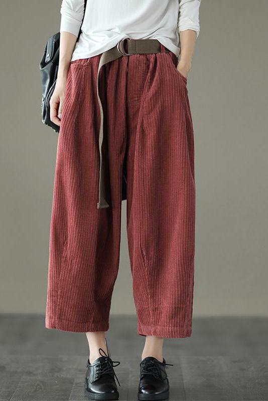 Limited Stock- Loose Pocket Corduroy Handmade Pants With Belt