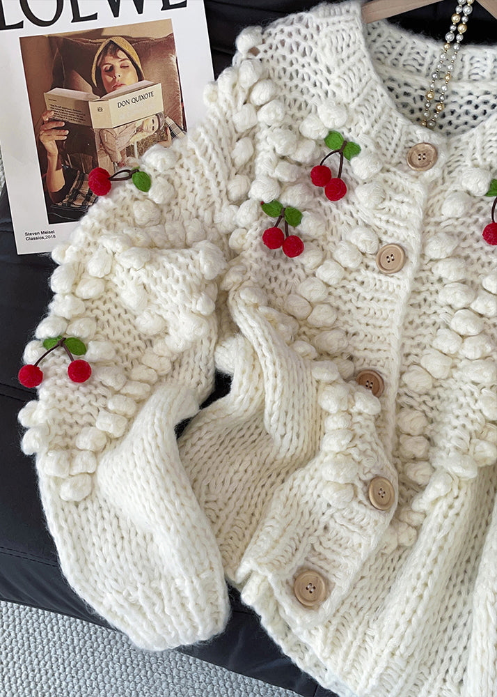 White Cherry Decorated Knit Cardigan Fall