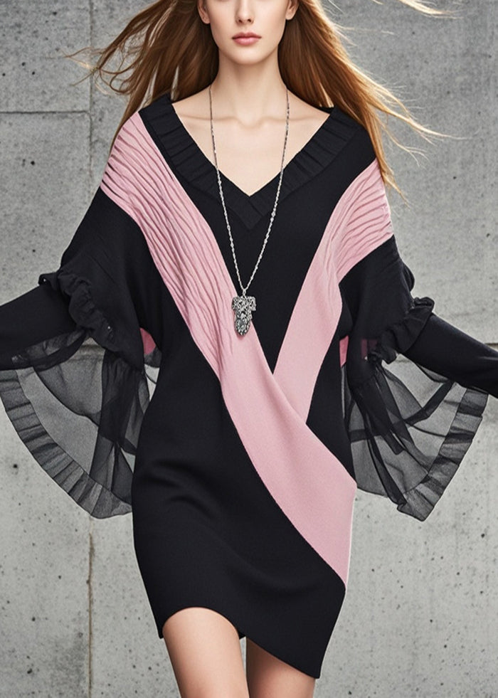 Black V Neck Patchwork Tulle Knit Sweater Dress Fall
