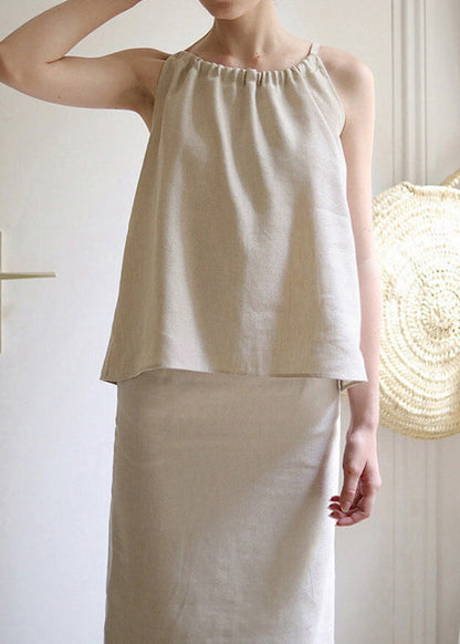 French Style Linen O Neck Lace Up Top Sleeveless
