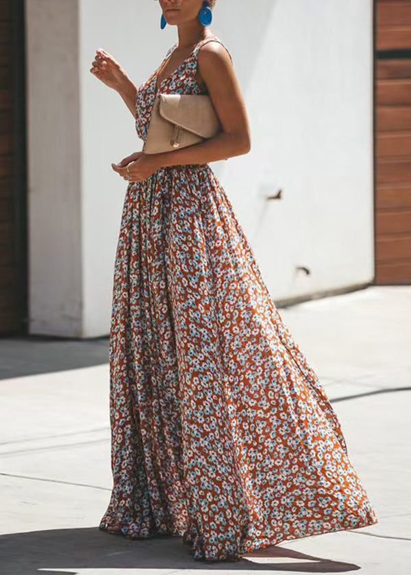 French Rust V Neck Print Wrinkled Cotton Dresses Sleeveless
