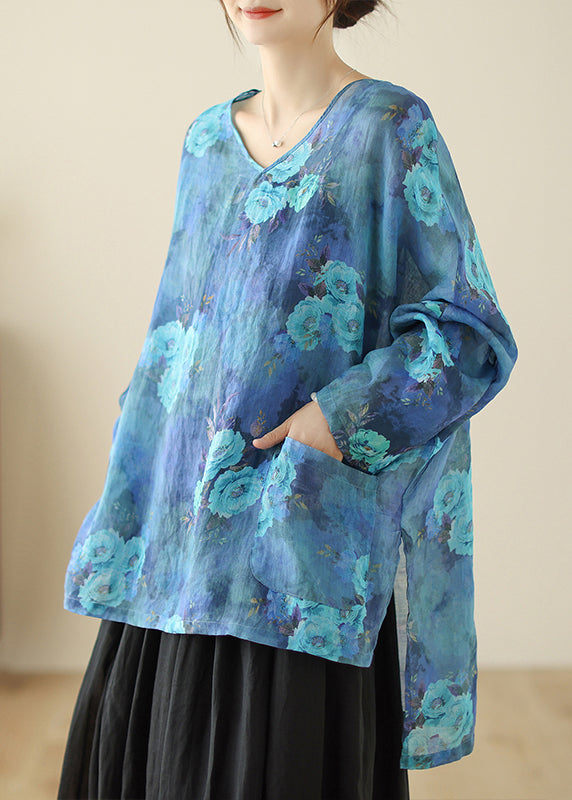 Style Blue Oversized Linen Shirt Tops Spring
