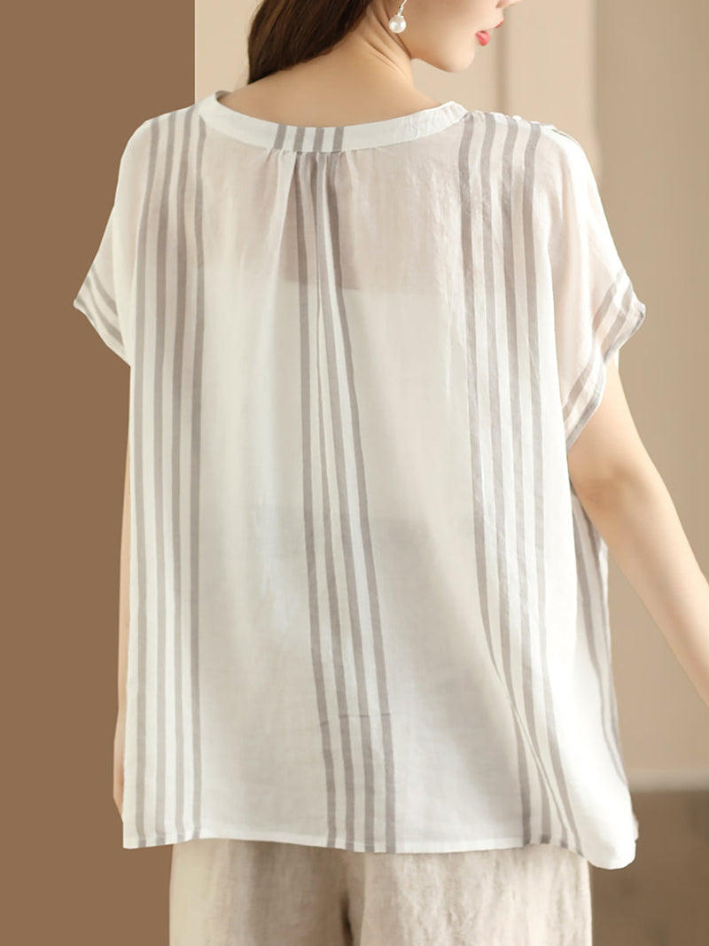 Summer Artsy Stripe V-neck Thin Linen Shirt