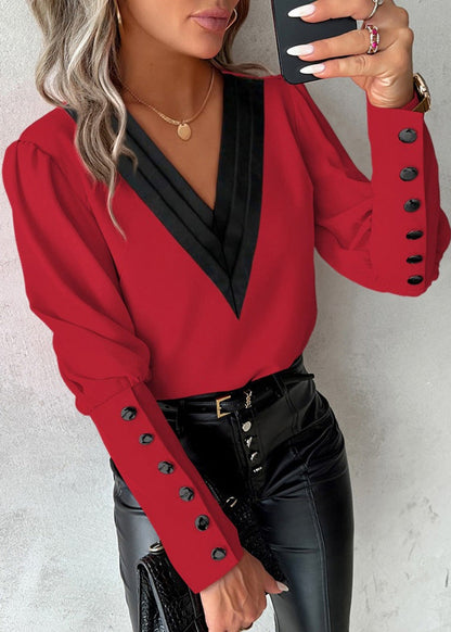 White V Neck Patchwork Cotton Shirts Spring