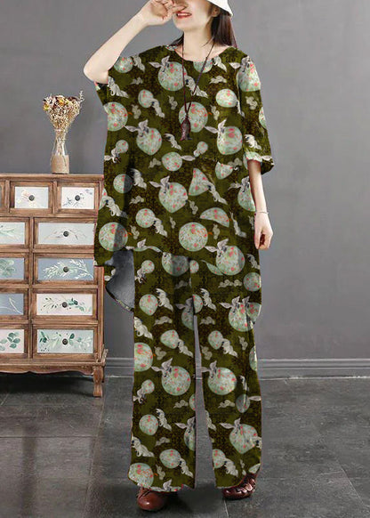 Red Print Pockets Patchwork Tops and Pants Cotton Two Pieces Set Summer
