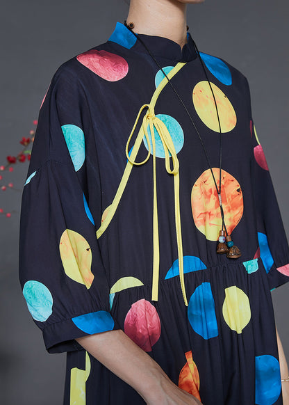 French Rainbow Print Mandarin Collar Silk Dress Summer