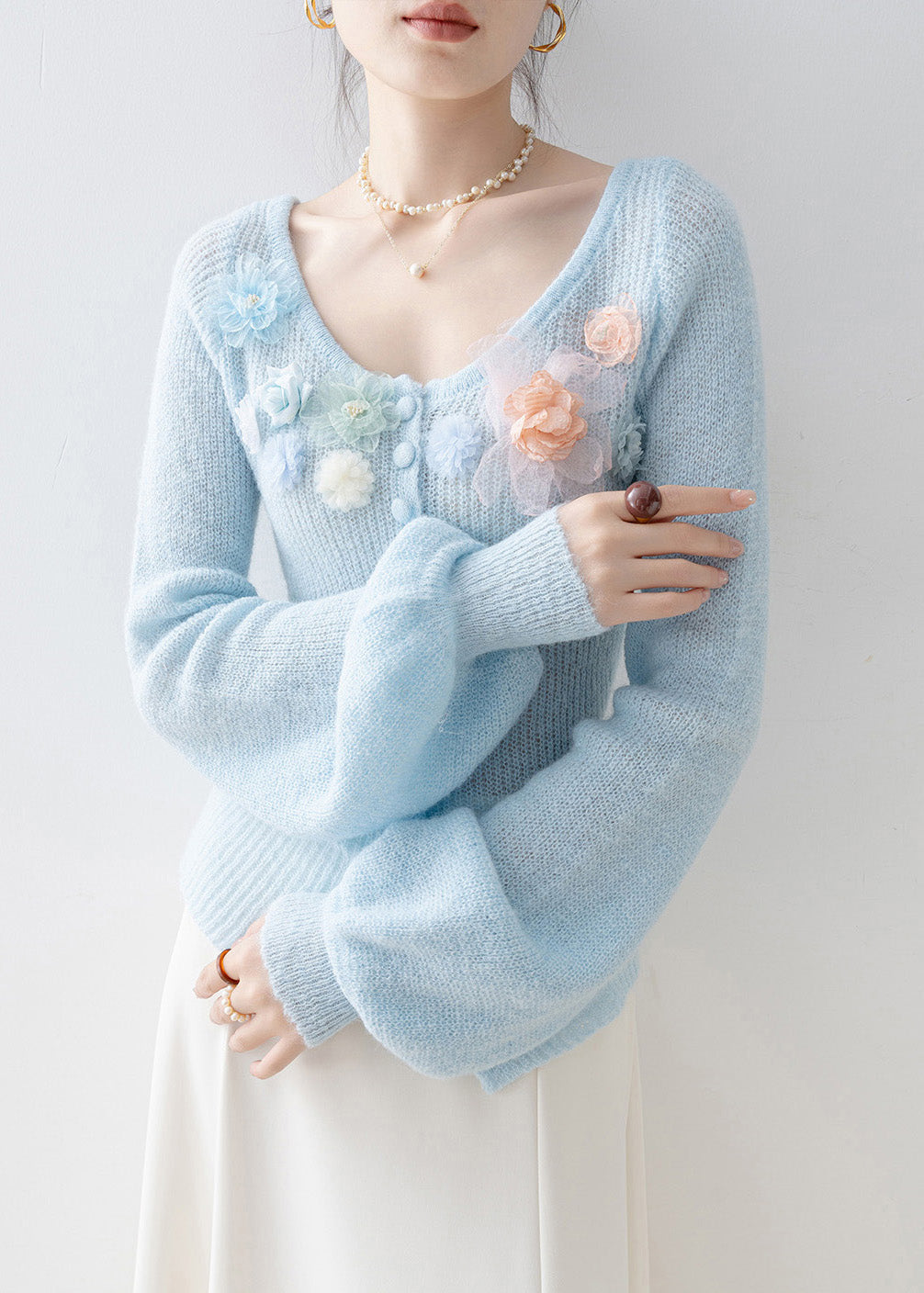 Boutique Blue O Neck Knitted Tops Spring