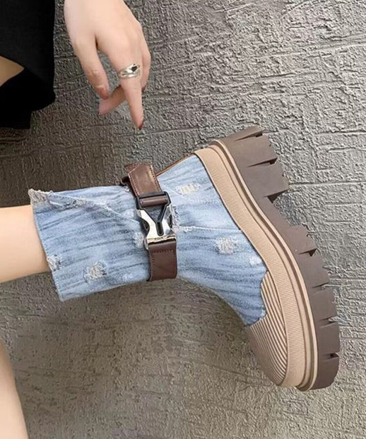 British Style Light Blue Platform Thin Denim Martin Boots for