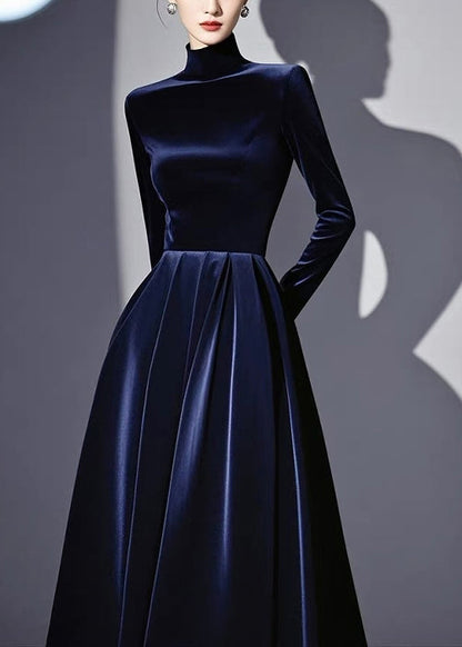 Slim Fit Navy Turtleneck High Waist Silk Velvet Dresses Spring