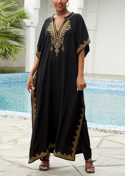 Loose Black Embroidered Cotton Robe Dresses Summer