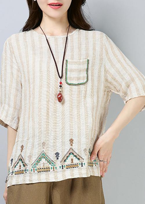 Style Linen Top Silhouette Omychic Linen Striped Short Sleeve Blouse