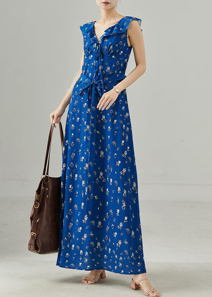 Blue Tie Waist Print Chiffon Party Dress Sleeveless