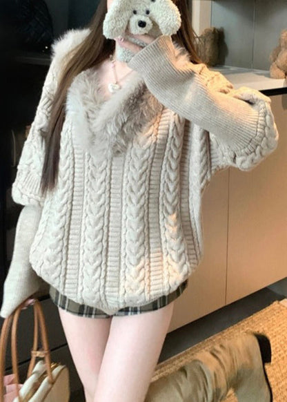 Khaki V Neck Fluffy Patchwork Cable Knit Sweaters Winter