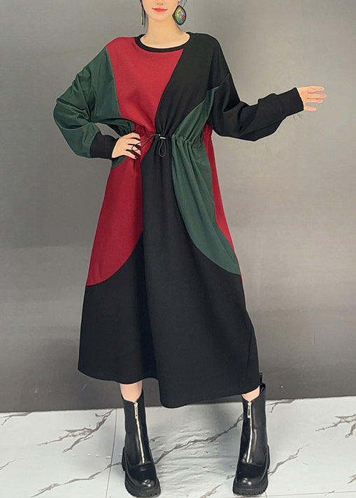 Colorblock O Neck Drawstring Cotton Dress Fall