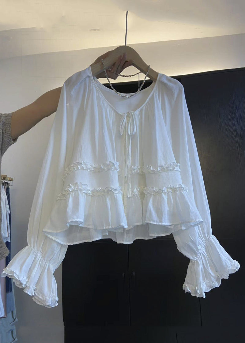White Ruffled Lace Up Cotton Shirts Fall