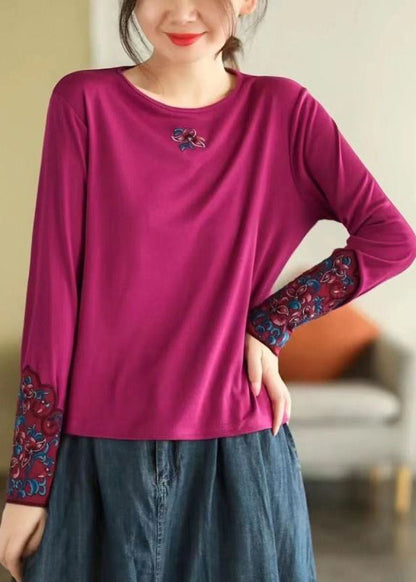 Rose O Neck Embroidered Cotton T Shirts Spring