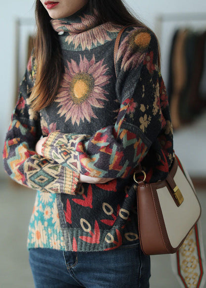 Turtle Neck Print Mink Hair Knitted Sweater Tops Winter