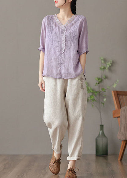 Purple V Neck Embroidered Linen Blouse Tops Half Sleeve