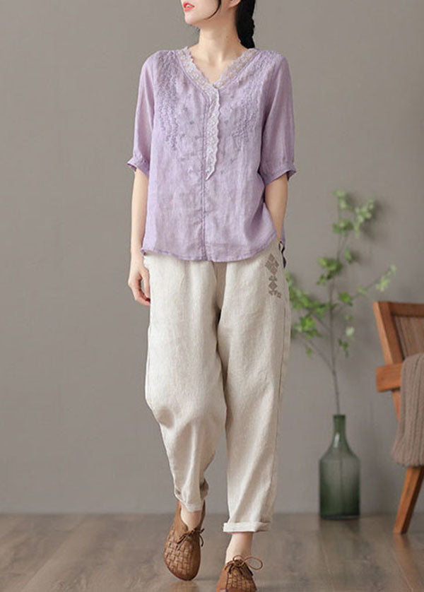 Purple V Neck Embroidered Linen Blouse Tops Half Sleeve