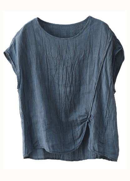 Organic Blue O Neck Wrinkled Patchwork Linen T Shirt Top Short Sleeve