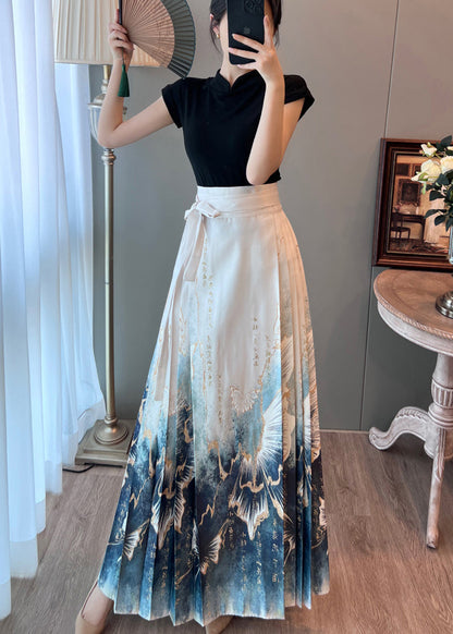White High Waist Print Satin Pleated Skirts Summer