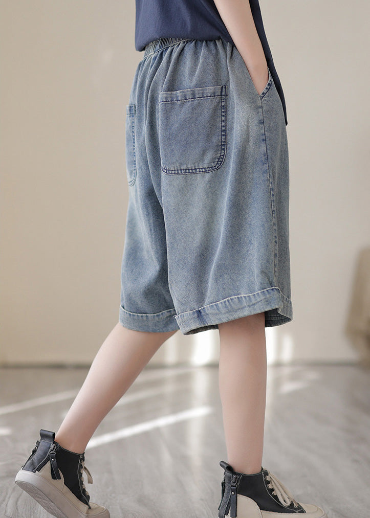 Light Blue Pockets Patchwork Cotton Denim Shorts
