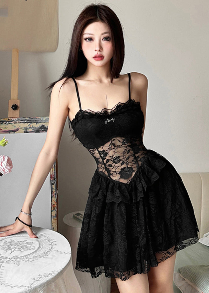 Vogue Black Square Collar Sheer Lace Mid Dresses Sleeveless