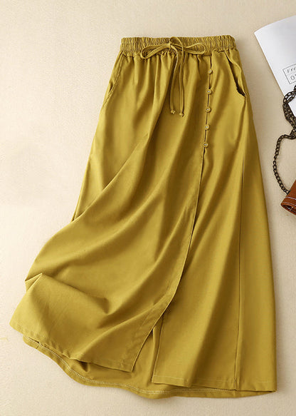 Yellow Front Open Elastic Waist Cotton Skirts Summer