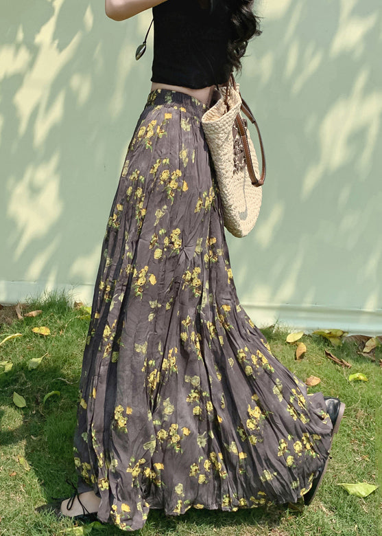 Print Wrinkled Elastic Waist Cotton Skirt Fall