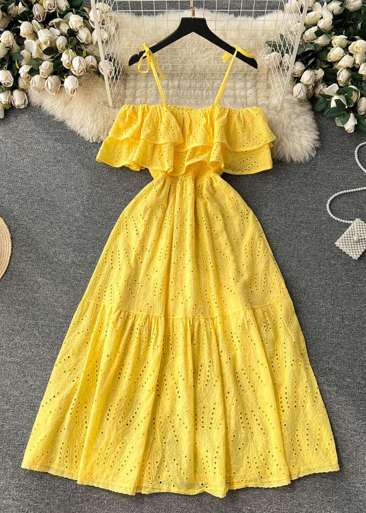 Yellow Slash Neck Hollow Out Cotton Spaghetti Strap Dress Sleeveless