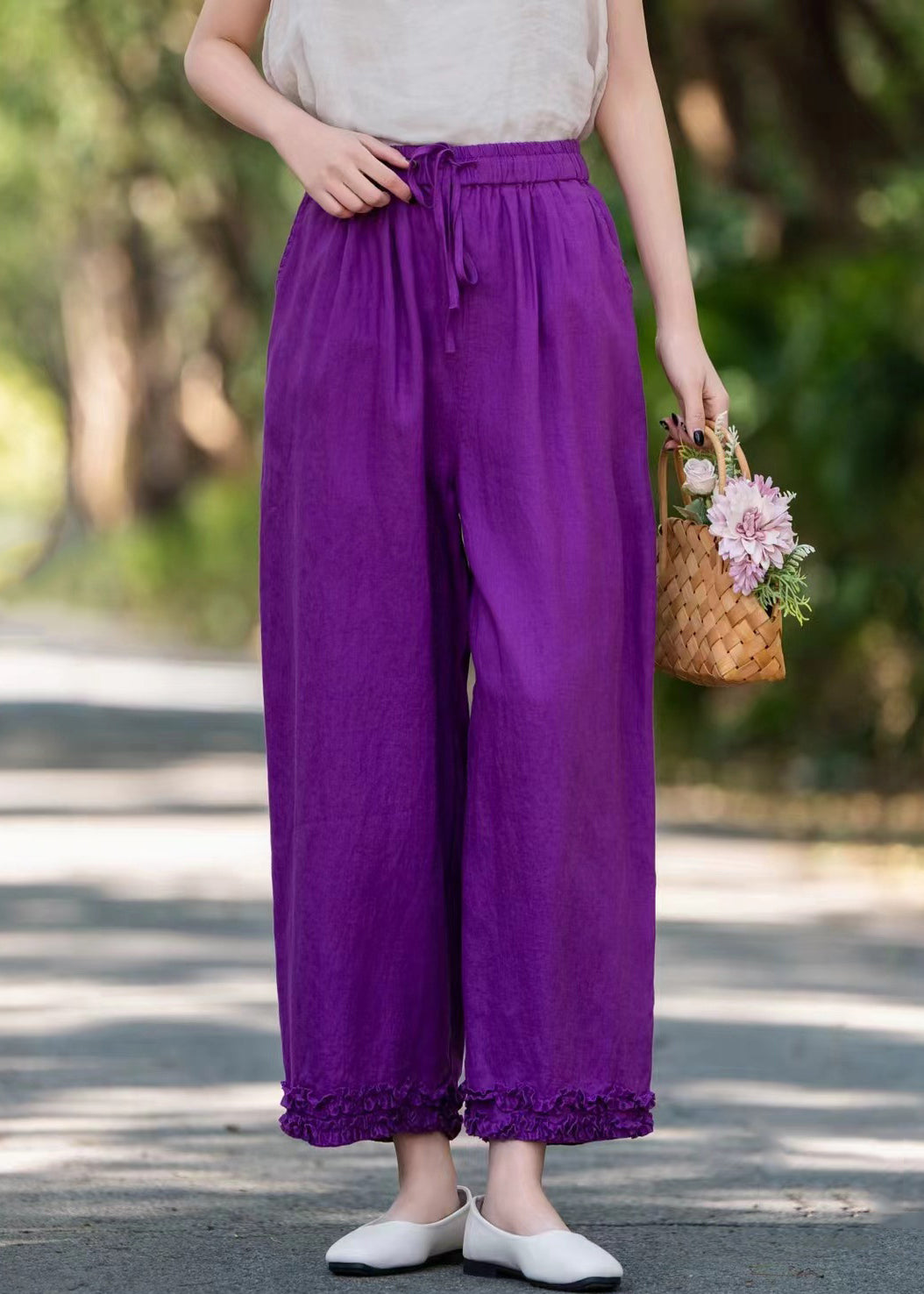 Stylish Purple Ruffled Pockets Linen Wide Leg Pants