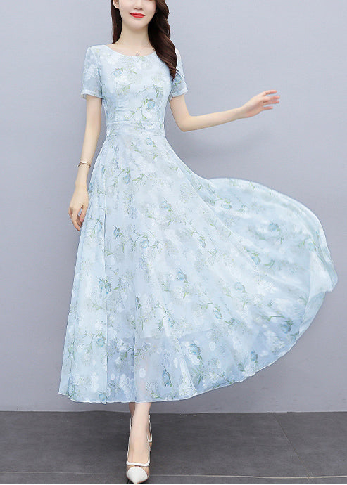 Light Blue Print Silm Fit Chiffon Long Dresses Summer