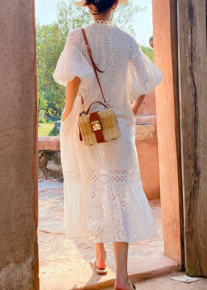 White Embroidered Hollow Out Pockets Cotton Long Dress Puff Sleeve