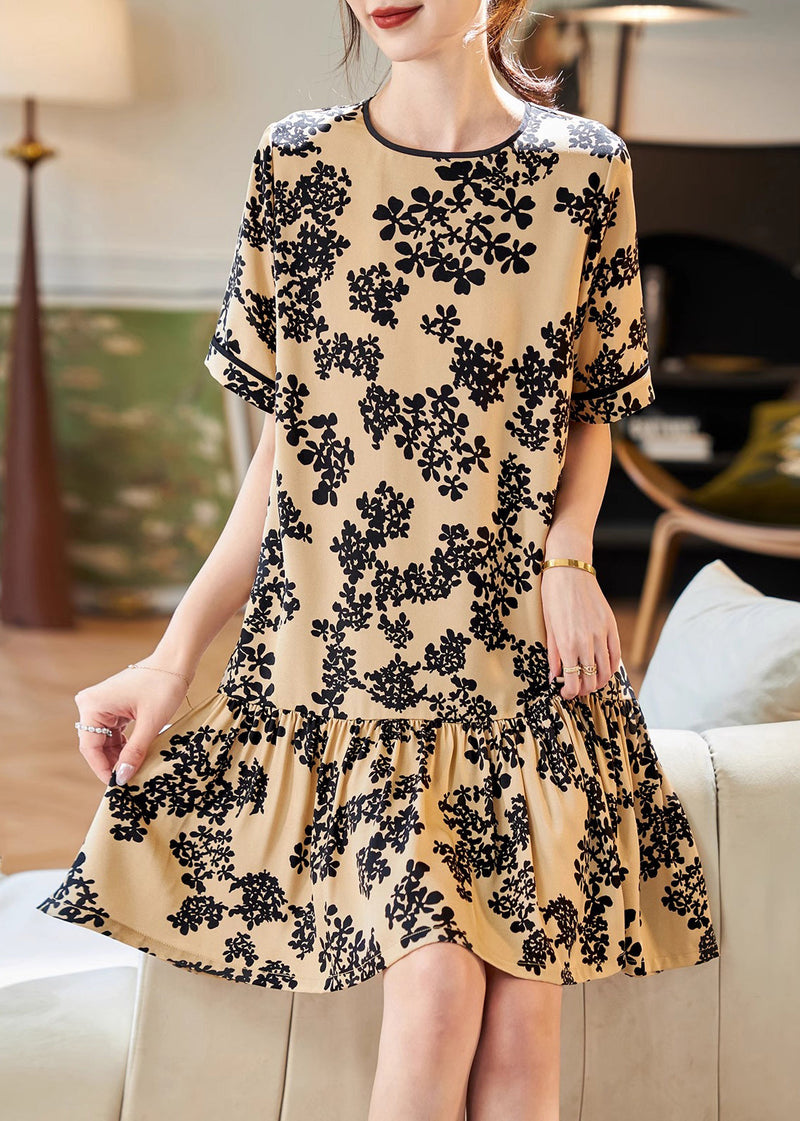 Apricot O-neck Print Patchwork Chiffon Mid Dress Summer