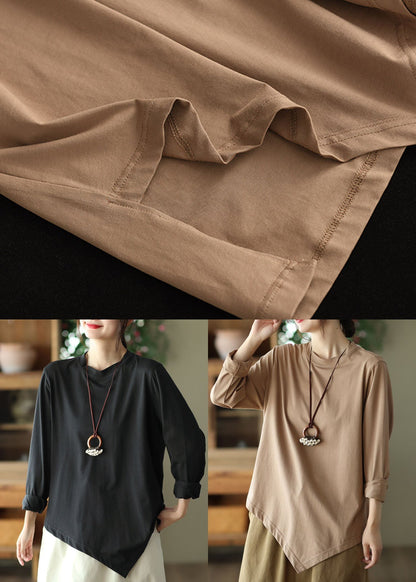 French Black O-neck Asymmetrical Cotton Shirt Top Spring