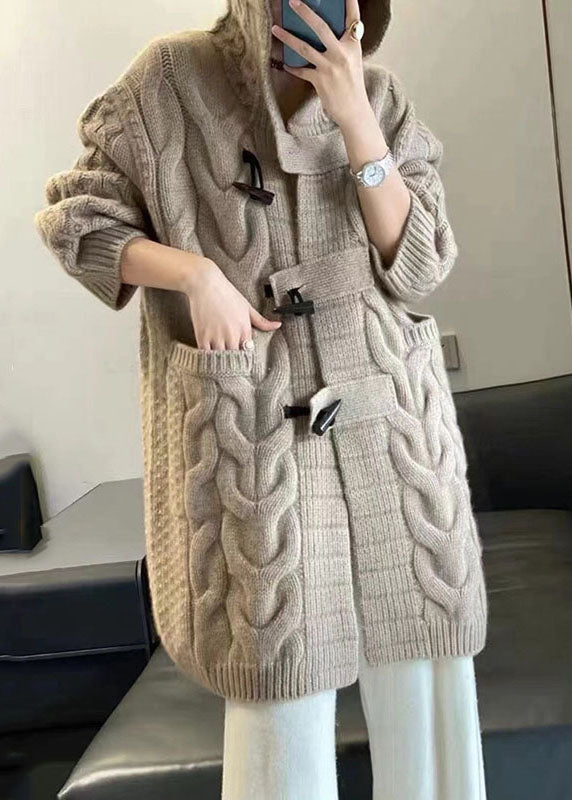 Khaki Hooded Oversized Cashmere Long Cardigans Winter
