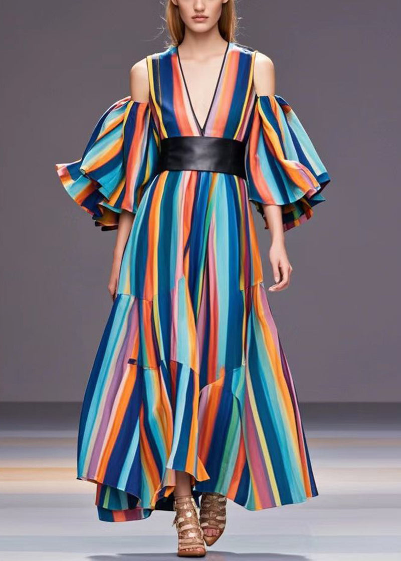 Rainbow Cold Shoulder Striped Cotton Cinched Dresses Fall