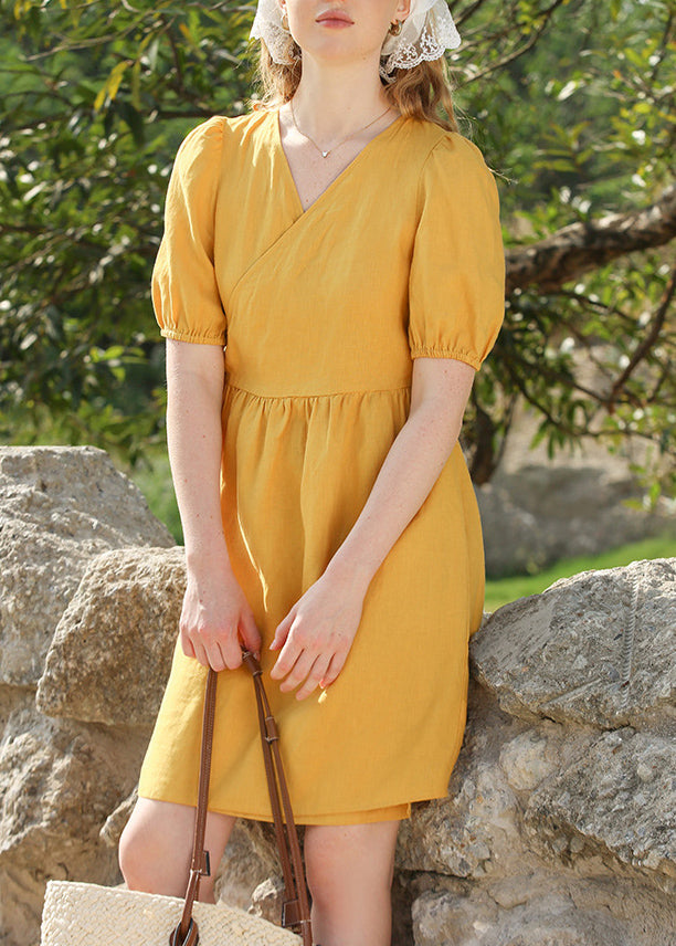 Yellow V Neck Lace Up Puff Sleeve Linen Dress